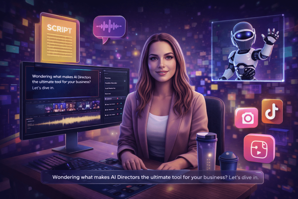 AIDirectors AI video workflow showing automated scripts, AI characters, voiceover, and short-form video creation tools working together