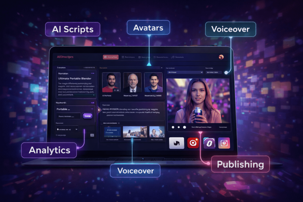 AIDirectors AI video creation dashboard showing scripts, avatars, voiceover, publishing, and analytics tools in one platform

