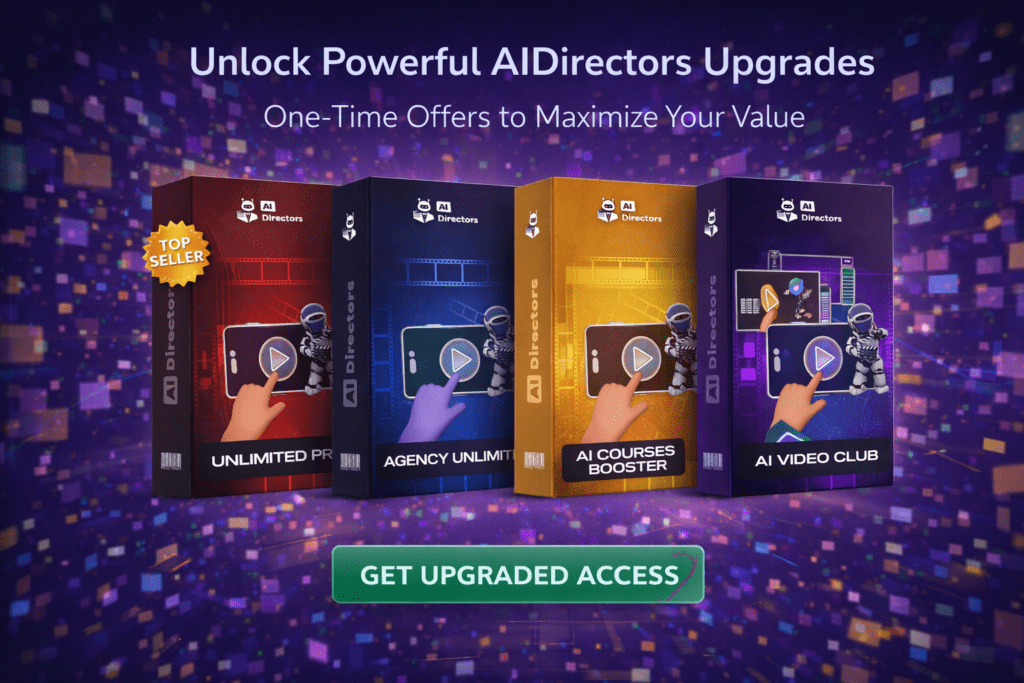 Overview of AIDirectors one-time offer upgrades showing unlimited, professional, agency, and done-for-you options