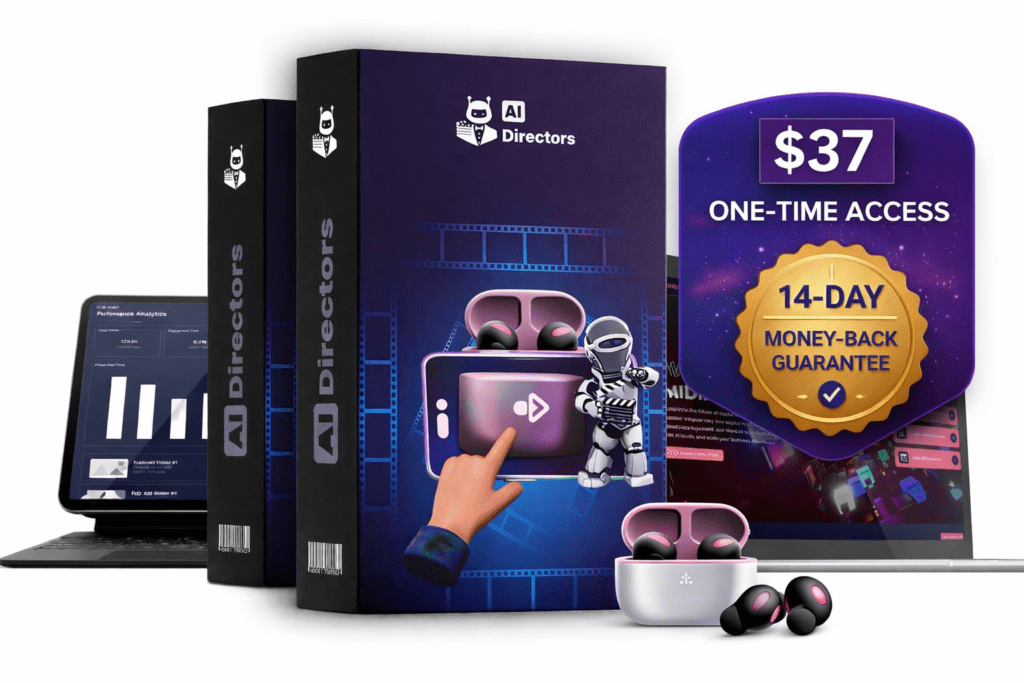 AI video business platform product interface shown with pricing access and 14-day money-back guarantee badge
