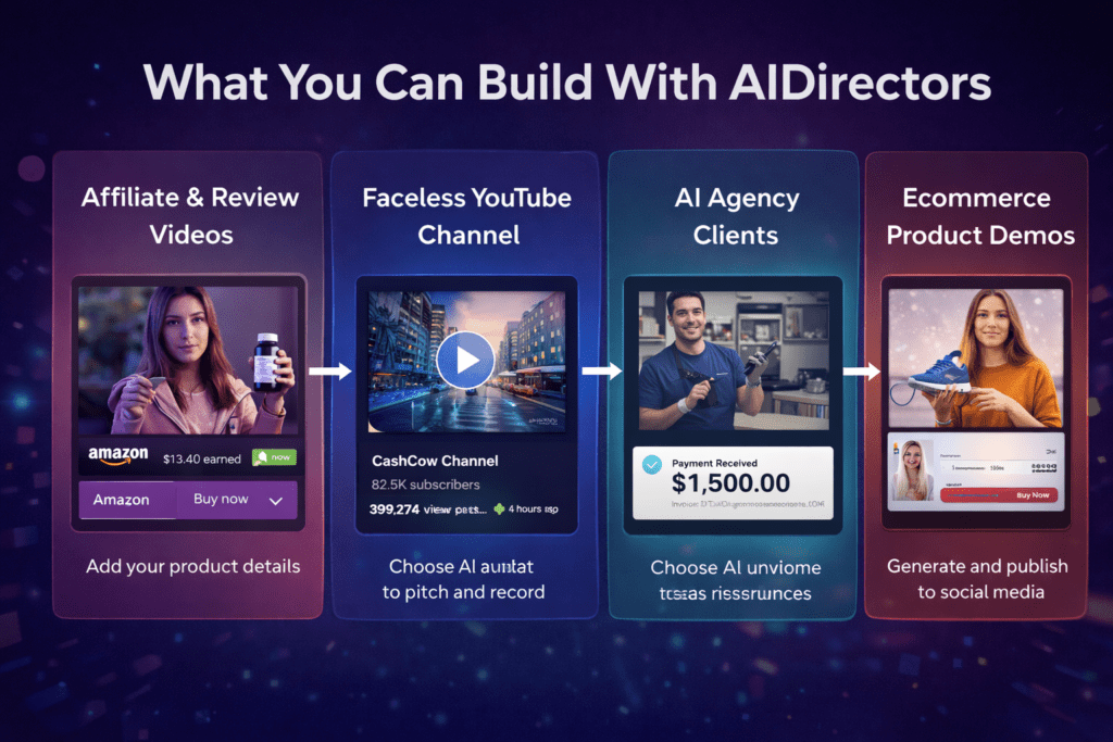 AI video platform use cases including affiliate marketing videos, faceless YouTube channels, AI agency clients, and ecommerce product demos